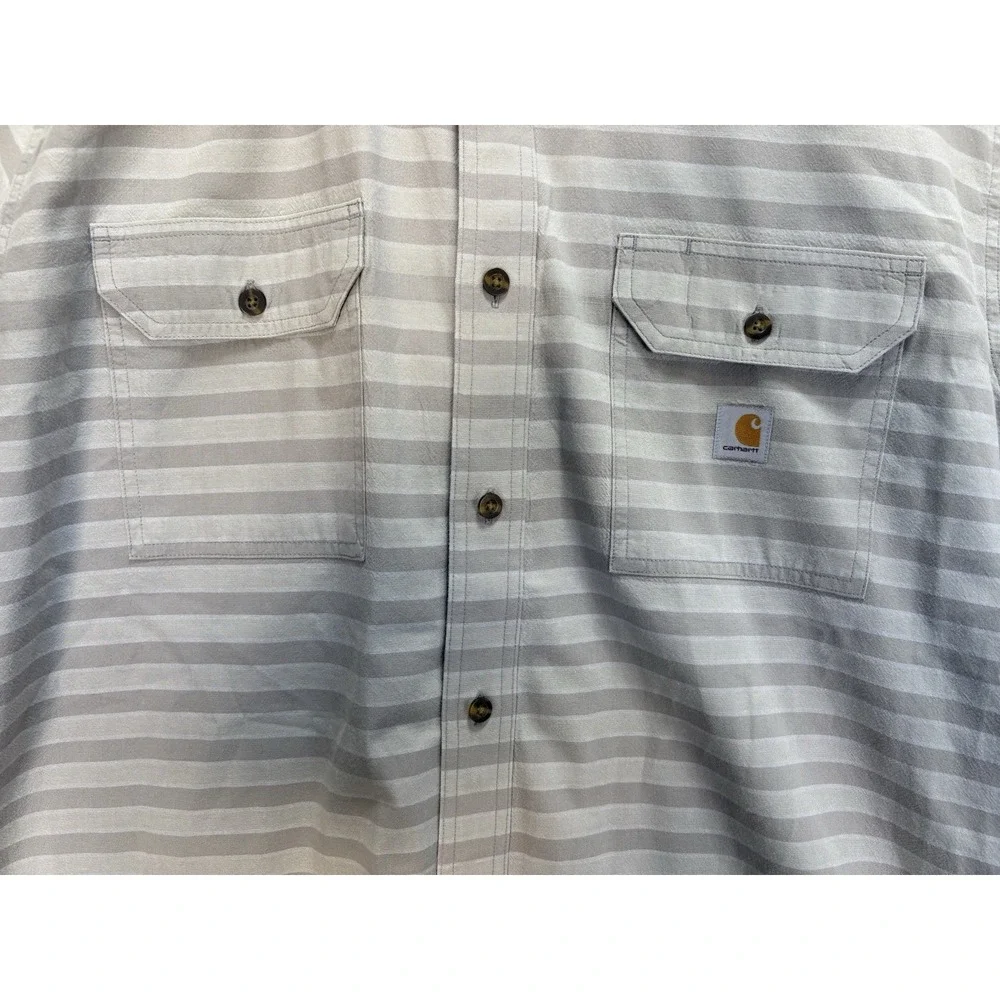 Carhartt Men's 2XL Shirt Gray Strips Button Down Workwear Loose Fit Short Sleeve
